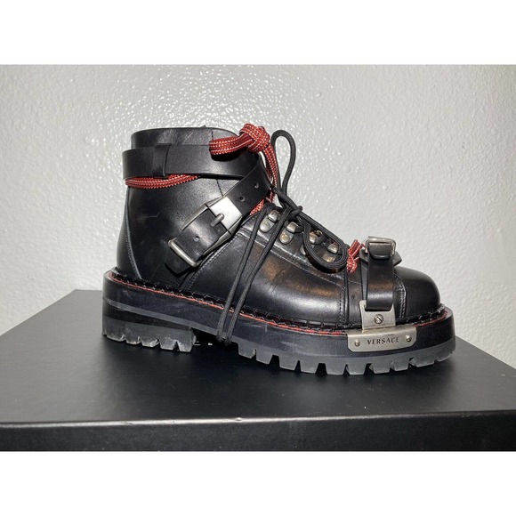 Versace Combat Ankle Boot 37.5 Black sz 7 Anfibio T.25 Vitello Nero Palladio - Picture 5 of 15